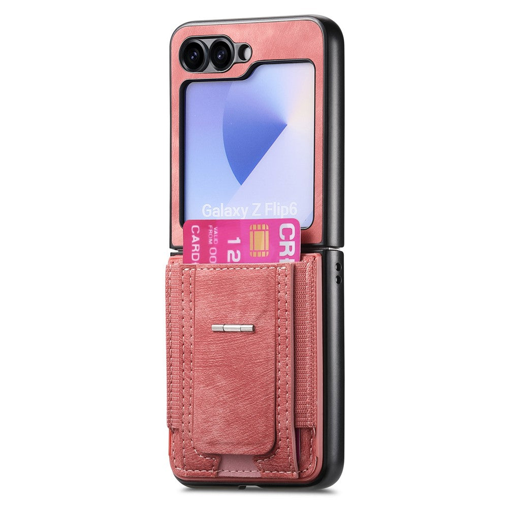 For Samsung Galaxy Z Flip7 FE 5G / Z Flip6 5G Case Kickstand Retro Leather Back Cover with Card Holder - Pink