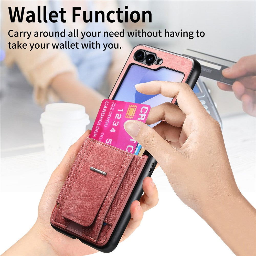 For Samsung Galaxy Z Flip7 FE 5G / Z Flip6 5G Case Kickstand Retro Leather Back Cover with Card Holder - Pink