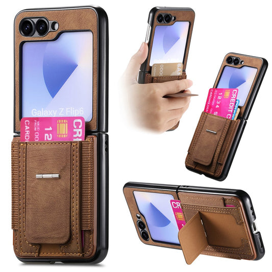 For Samsung Galaxy Z Flip7 FE 5G / Z Flip6 5G Case Kickstand Retro Leather Back Cover with Card Holder - Brown