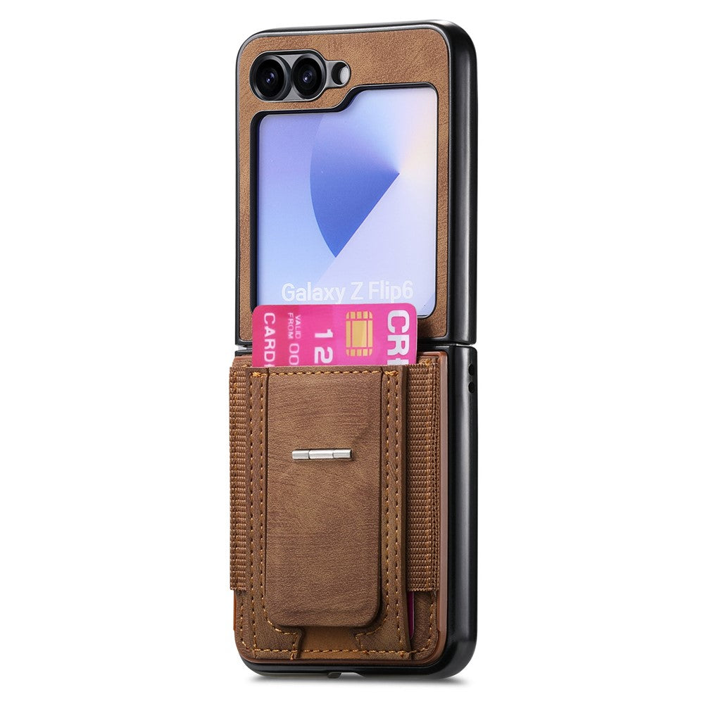 For Samsung Galaxy Z Flip7 FE 5G / Z Flip6 5G Case Kickstand Retro Leather Back Cover with Card Holder - Brown