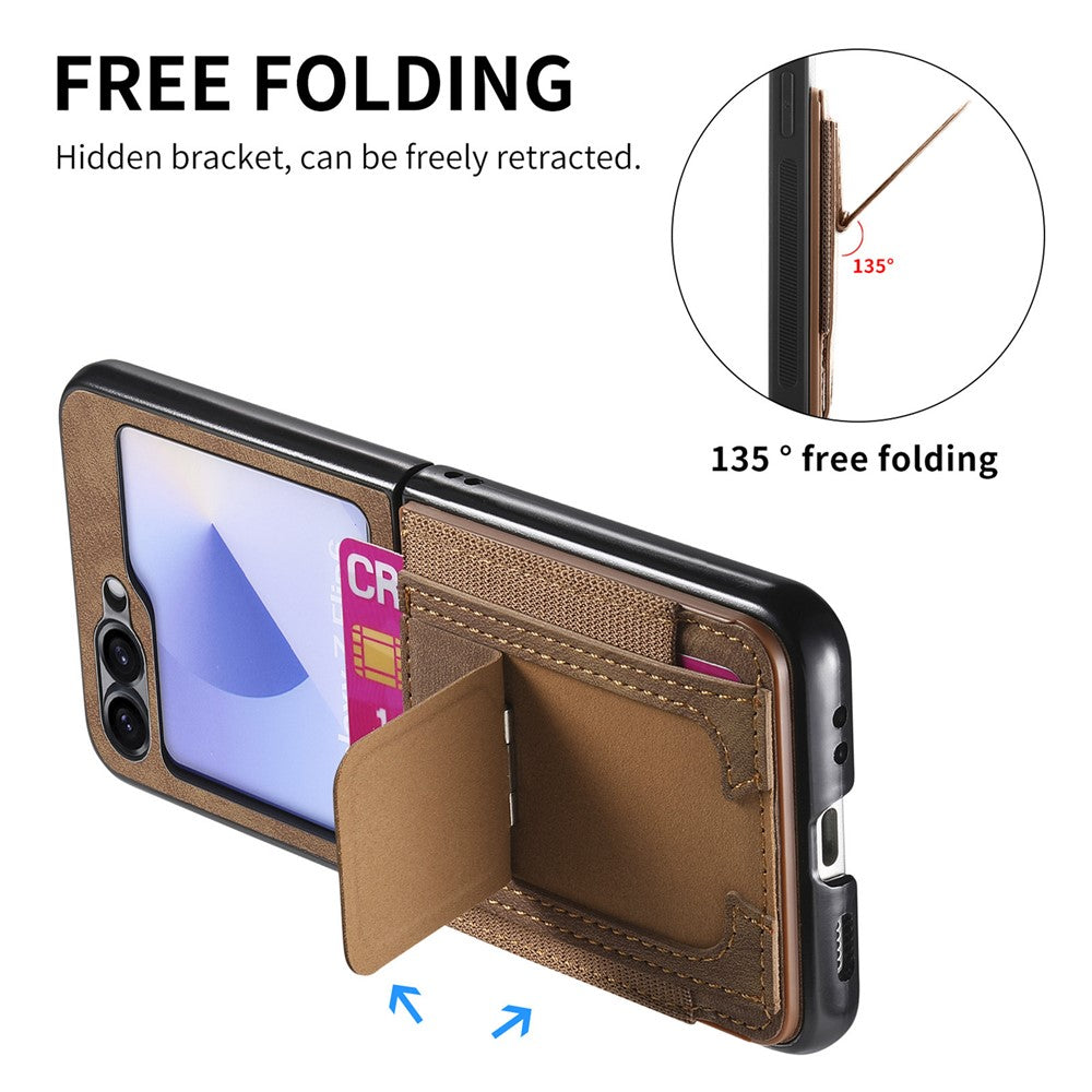 For Samsung Galaxy Z Flip7 FE 5G / Z Flip6 5G Case Kickstand Retro Leather Back Cover with Card Holder - Brown