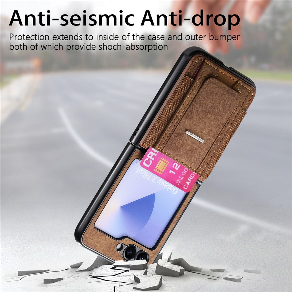 For Samsung Galaxy Z Flip7 FE 5G / Z Flip6 5G Case Kickstand Retro Leather Back Cover with Card Holder - Brown