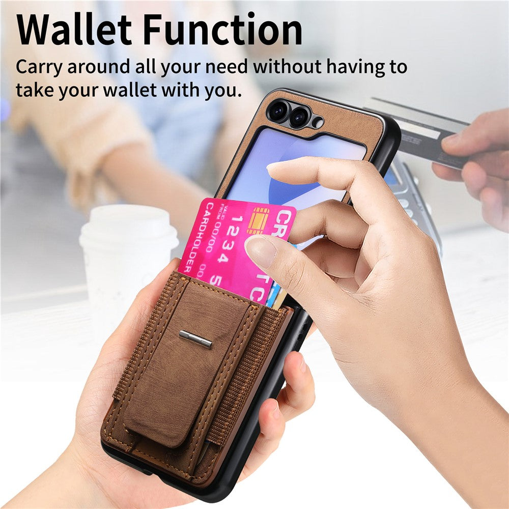For Samsung Galaxy Z Flip7 FE 5G / Z Flip6 5G Case Kickstand Retro Leather Back Cover with Card Holder - Brown