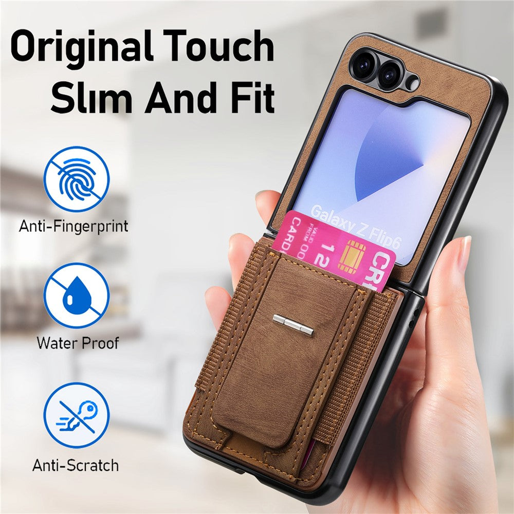 For Samsung Galaxy Z Flip7 FE 5G / Z Flip6 5G Case Kickstand Retro Leather Back Cover with Card Holder - Brown