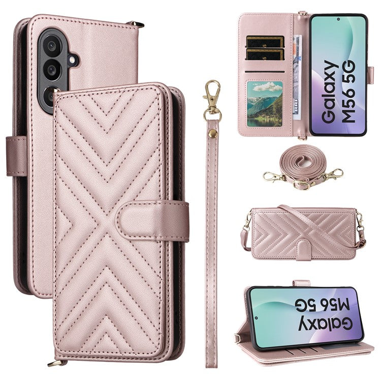 For Samsung Galaxy M56 5G Case with Shoulder / Wrist Strap Leather Phone Cover Stand Wallet - Pink