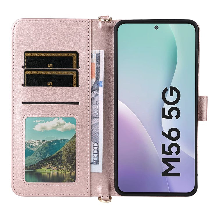 For Samsung Galaxy M56 5G Case with Shoulder / Wrist Strap Leather Phone Cover Stand Wallet - Pink