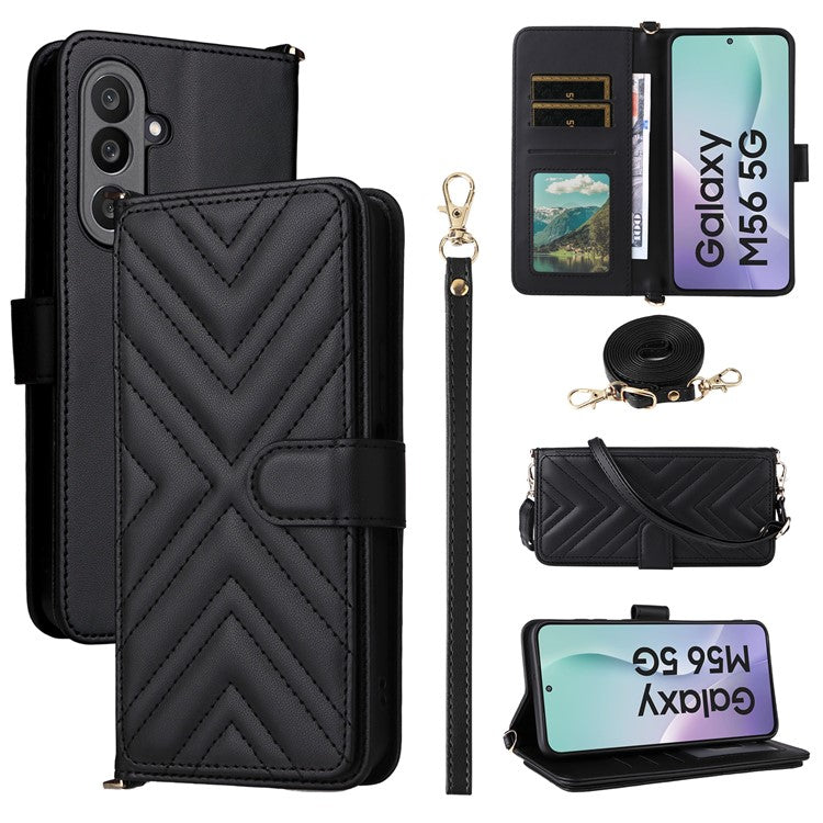 For Samsung Galaxy M56 5G Case with Shoulder / Wrist Strap Leather Phone Cover Stand Wallet - Black