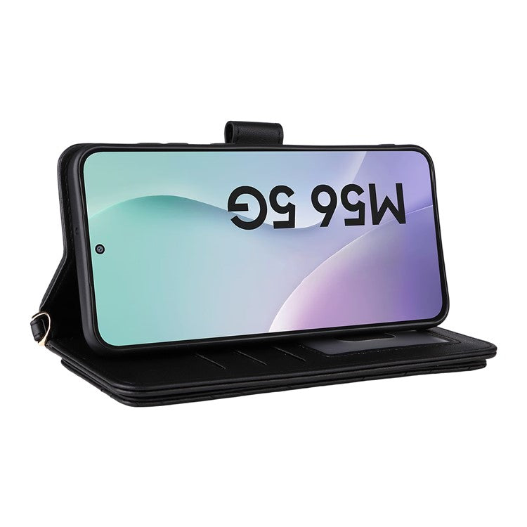 For Samsung Galaxy M56 5G Case with Shoulder / Wrist Strap Leather Phone Cover Stand Wallet - Black