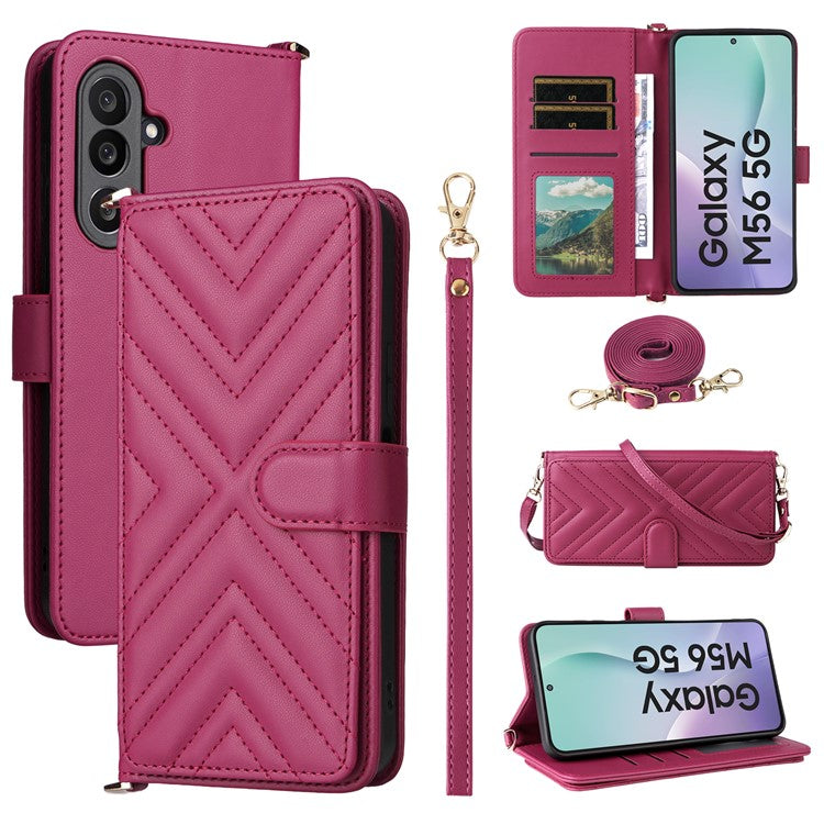 For Samsung Galaxy M56 5G Case with Shoulder / Wrist Strap Leather Phone Cover Stand Wallet - Rose