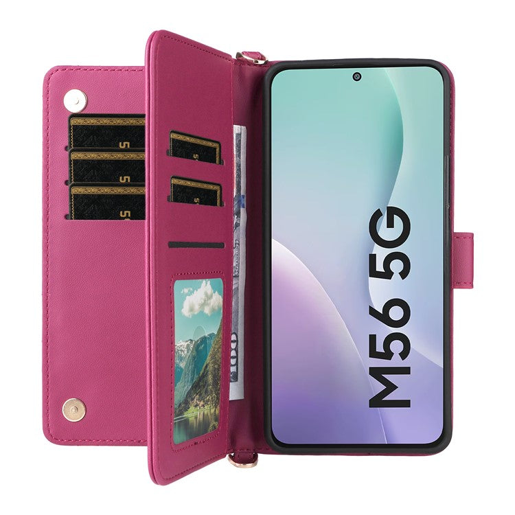 For Samsung Galaxy M56 5G Case with Shoulder / Wrist Strap Leather Phone Cover Stand Wallet - Rose