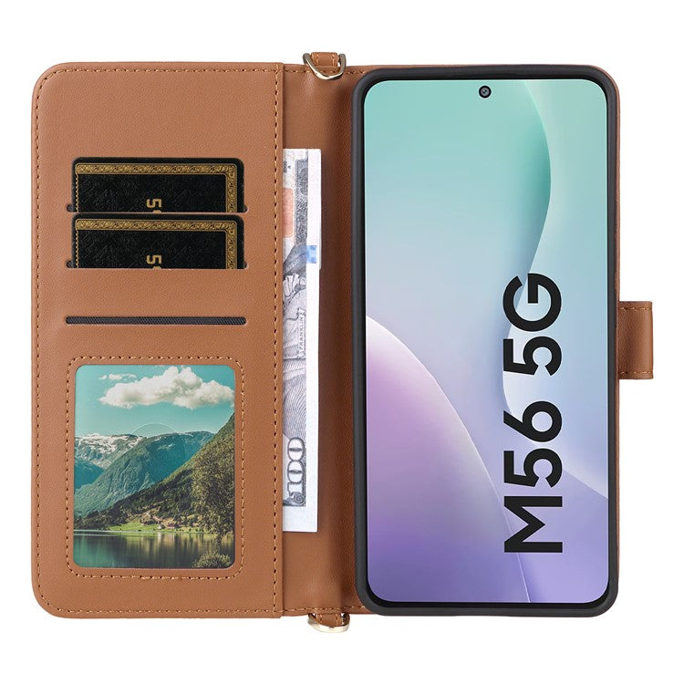 For Samsung Galaxy M56 5G Case with Shoulder / Wrist Strap Leather Phone Cover Stand Wallet - Brown