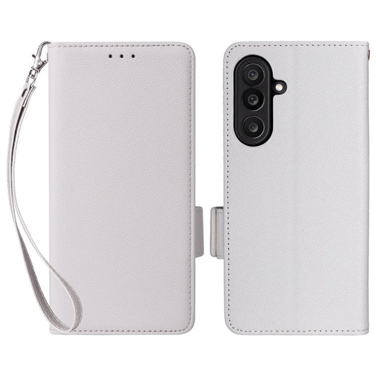 For Samsung Galaxy M56 5G Case with Wrist Strap Litchi Texture PU Leather Wallet Phone Cover - White