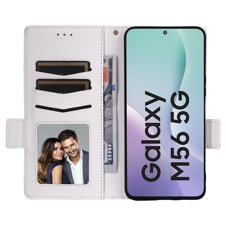 For Samsung Galaxy M56 5G Case with Wrist Strap Litchi Texture PU Leather Wallet Phone Cover - White