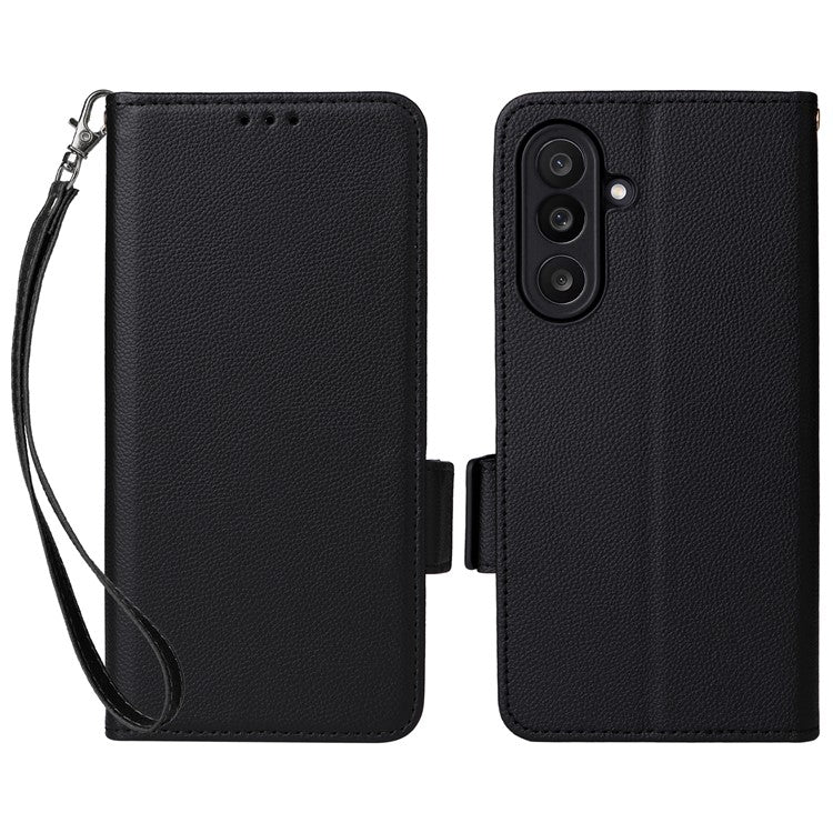 For Samsung Galaxy M56 5G Case with Wrist Strap Litchi Texture PU Leather Wallet Phone Cover - Black