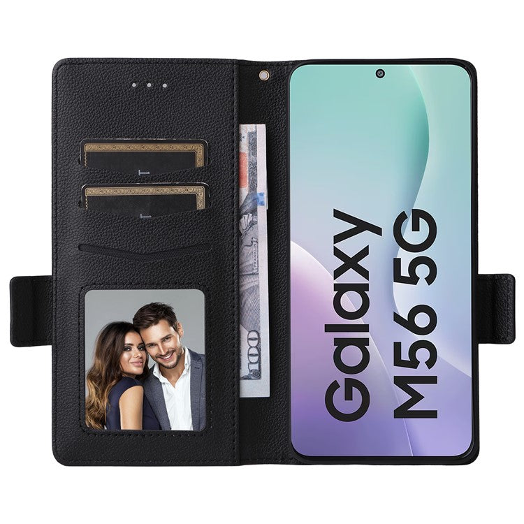 For Samsung Galaxy M56 5G Case with Wrist Strap Litchi Texture PU Leather Wallet Phone Cover - Black