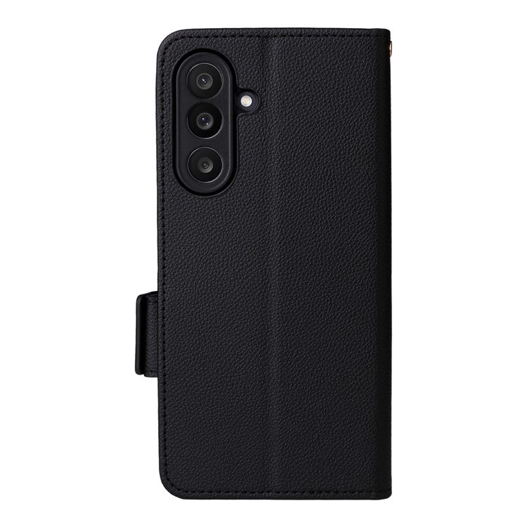 For Samsung Galaxy M56 5G Case with Wrist Strap Litchi Texture PU Leather Wallet Phone Cover - Black