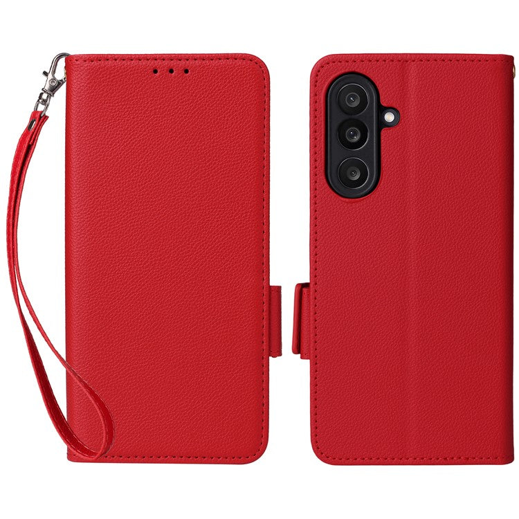 For Samsung Galaxy M56 5G Case with Wrist Strap Litchi Texture PU Leather Wallet Phone Cover - Red