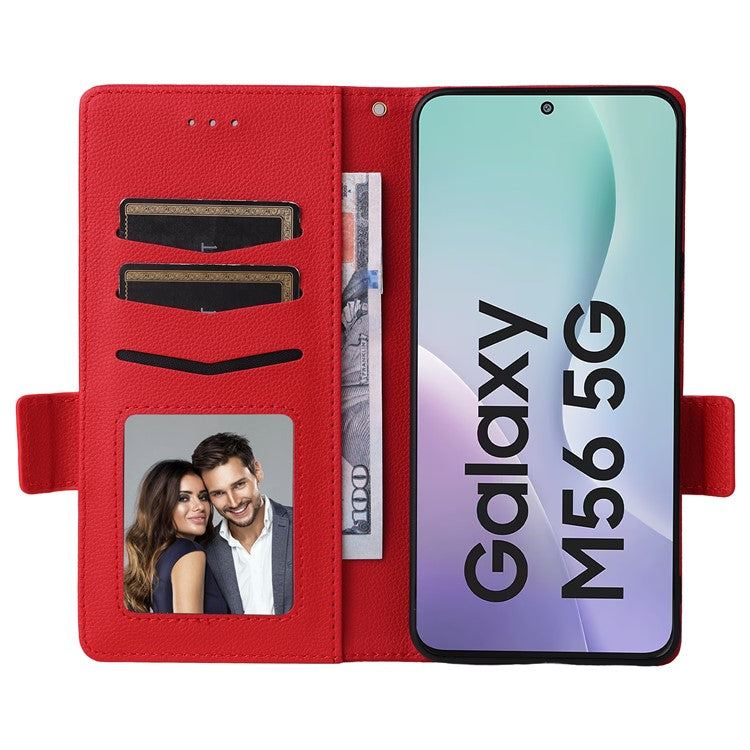 For Samsung Galaxy M56 5G Case with Wrist Strap Litchi Texture PU Leather Wallet Phone Cover - Red