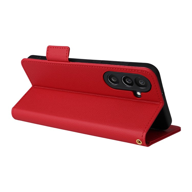 For Samsung Galaxy M56 5G Case with Wrist Strap Litchi Texture PU Leather Wallet Phone Cover - Red