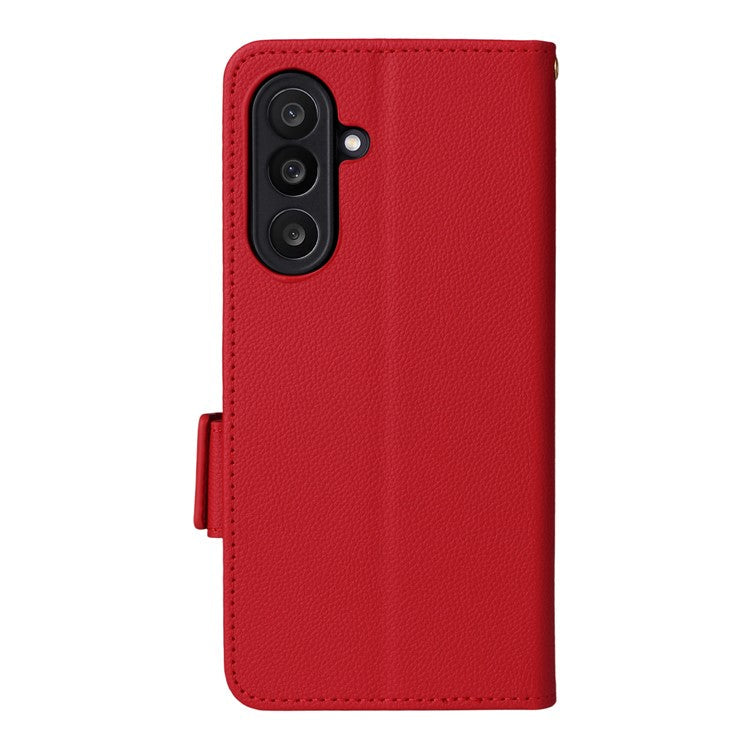 For Samsung Galaxy M56 5G Case with Wrist Strap Litchi Texture PU Leather Wallet Phone Cover - Red