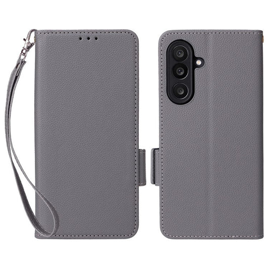 For Samsung Galaxy M56 5G Case with Wrist Strap Litchi Texture PU Leather Wallet Phone Cover - Grey
