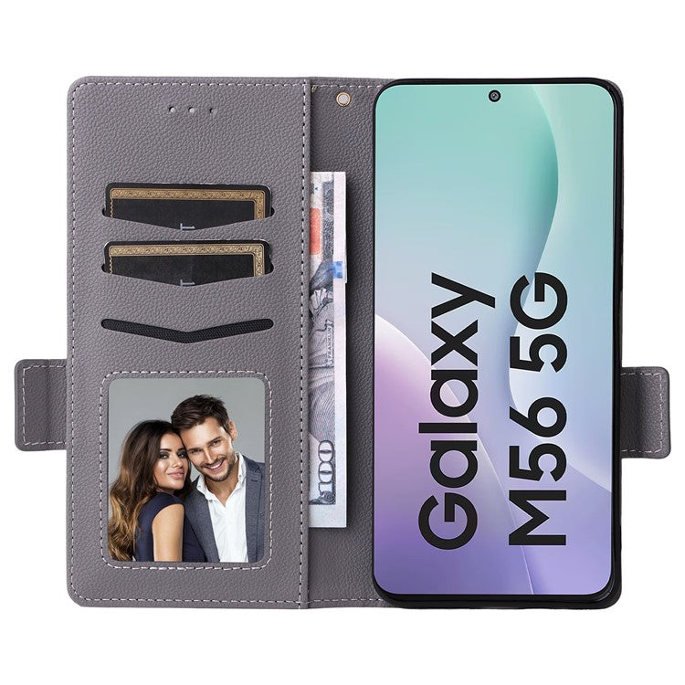 For Samsung Galaxy M56 5G Case with Wrist Strap Litchi Texture PU Leather Wallet Phone Cover - Grey