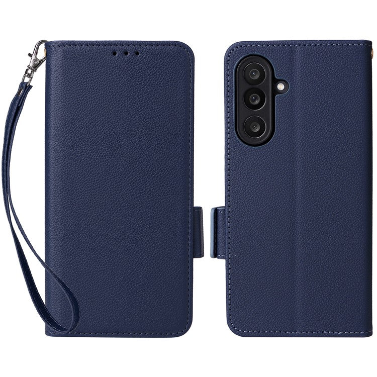 For Samsung Galaxy M56 5G Case with Wrist Strap Litchi Texture PU Leather Wallet Phone Cover - Dark Blue
