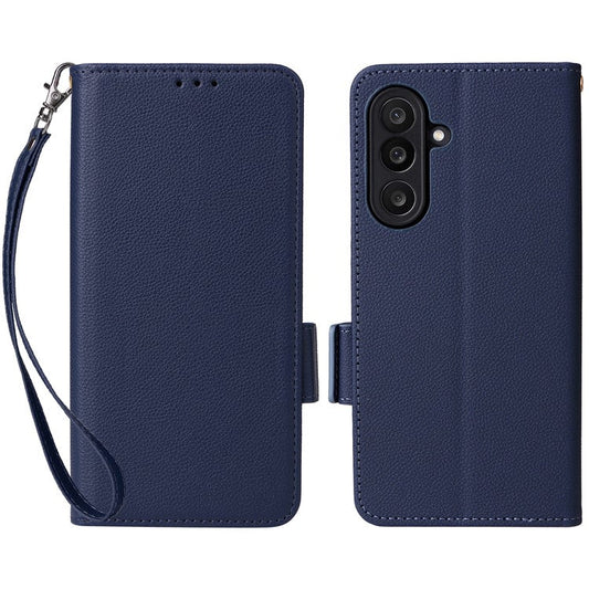 For Samsung Galaxy M56 5G Case with Wrist Strap Litchi Texture PU Leather Wallet Phone Cover - Dark Blue