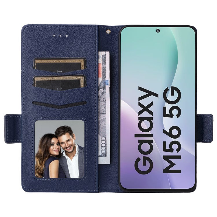 For Samsung Galaxy M56 5G Case with Wrist Strap Litchi Texture PU Leather Wallet Phone Cover - Dark Blue