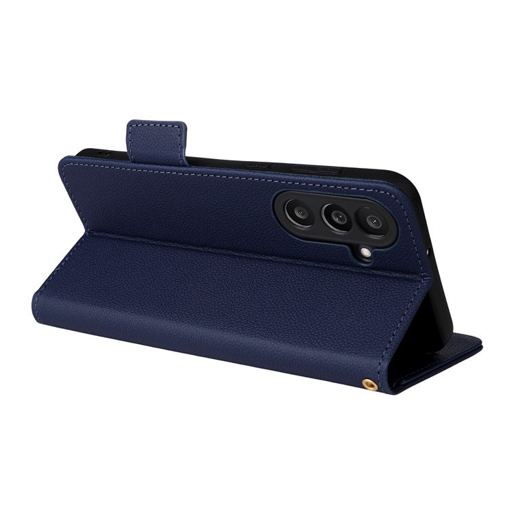 For Samsung Galaxy M56 5G Case with Wrist Strap Litchi Texture PU Leather Wallet Phone Cover - Dark Blue
