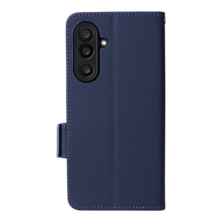 For Samsung Galaxy M56 5G Case with Wrist Strap Litchi Texture PU Leather Wallet Phone Cover - Dark Blue