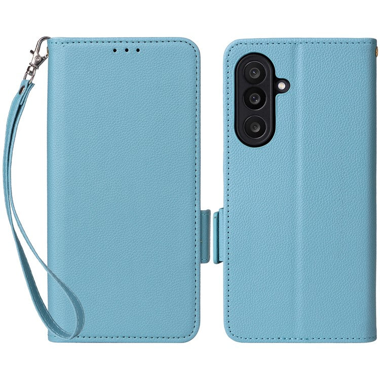 For Samsung Galaxy M56 5G Case with Wrist Strap Litchi Texture PU Leather Wallet Phone Cover - Baby Blue