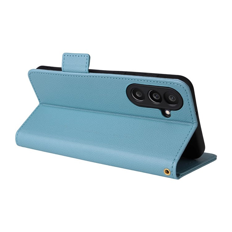 For Samsung Galaxy M56 5G Case with Wrist Strap Litchi Texture PU Leather Wallet Phone Cover - Baby Blue