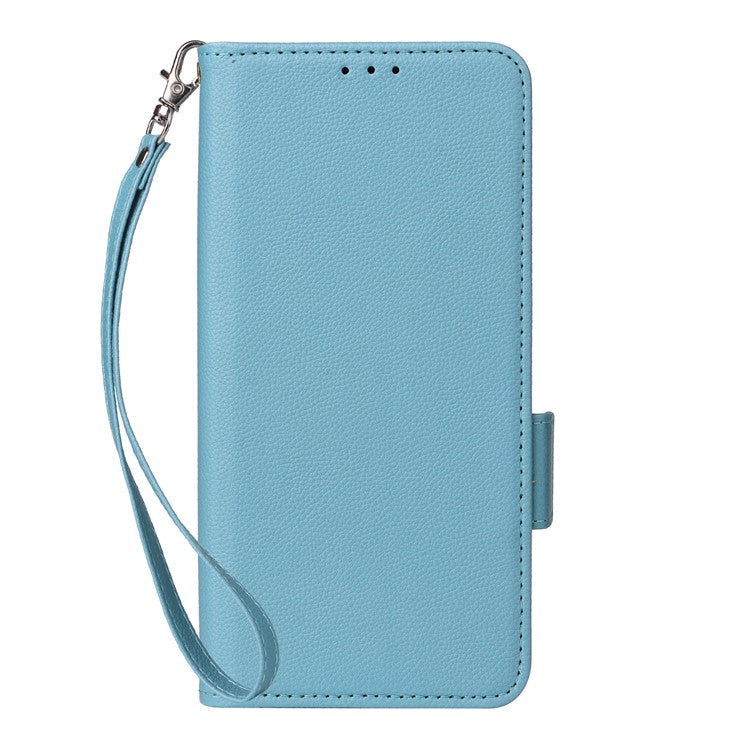 For Samsung Galaxy M56 5G Case with Wrist Strap Litchi Texture PU Leather Wallet Phone Cover - Baby Blue