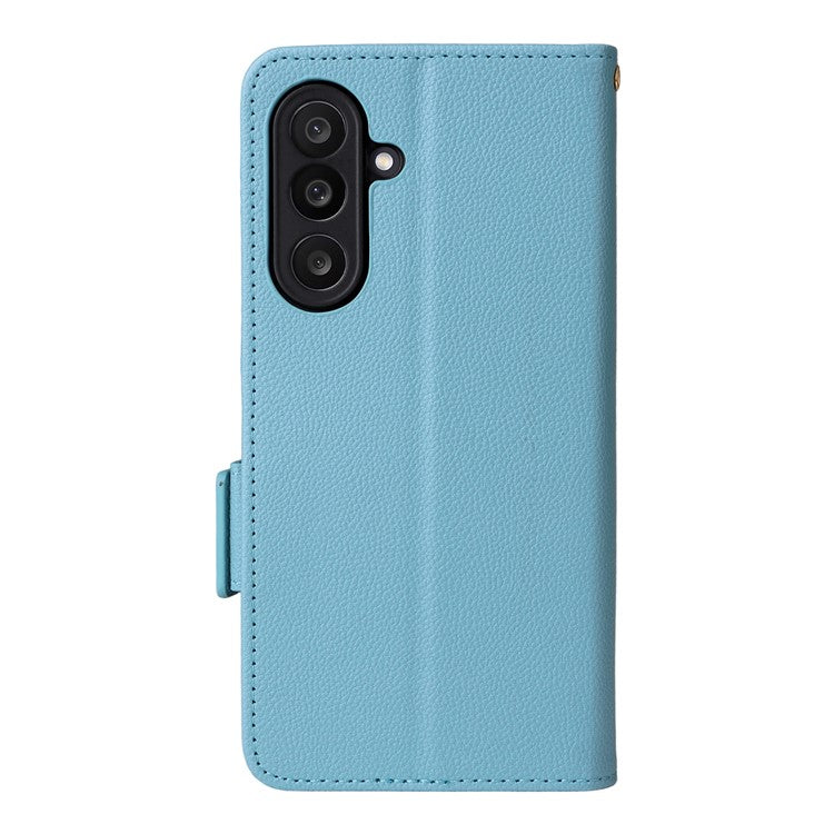 For Samsung Galaxy M56 5G Case with Wrist Strap Litchi Texture PU Leather Wallet Phone Cover - Baby Blue