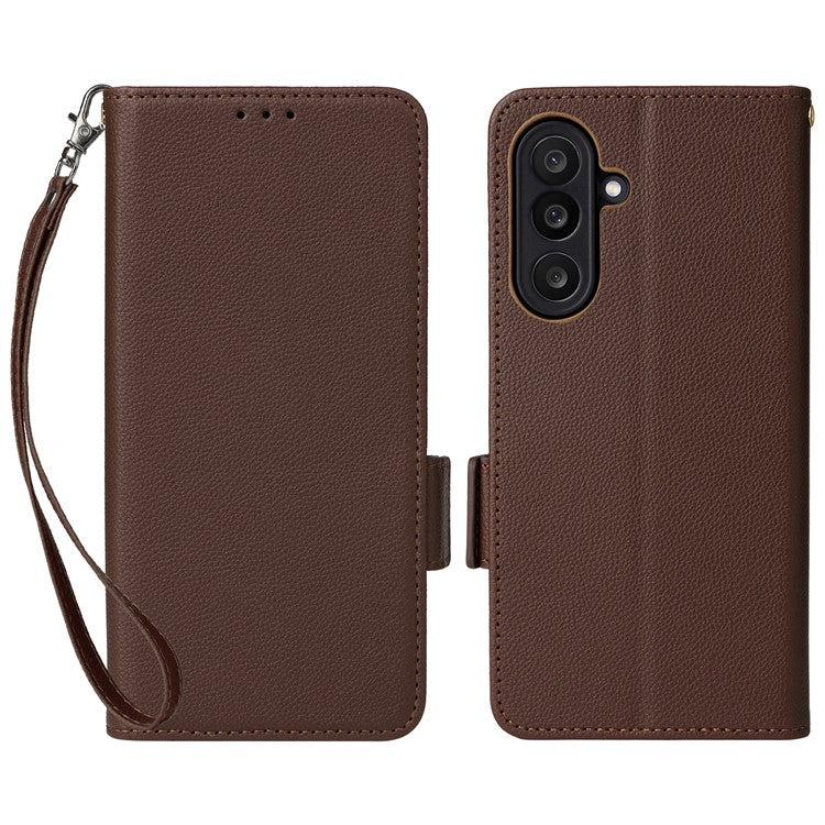 For Samsung Galaxy M56 5G Case with Wrist Strap Litchi Texture PU Leather Wallet Phone Cover - Brown