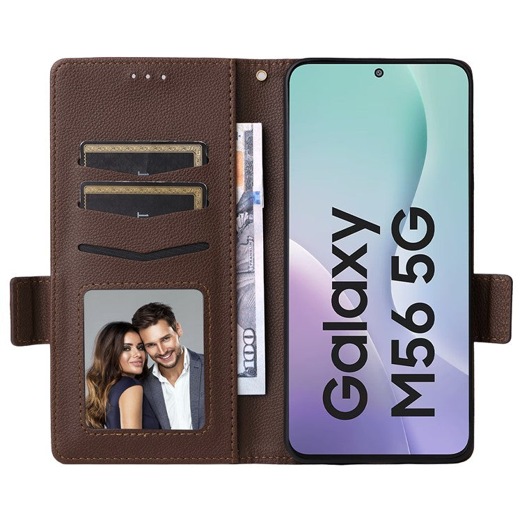 For Samsung Galaxy M56 5G Case with Wrist Strap Litchi Texture PU Leather Wallet Phone Cover - Brown