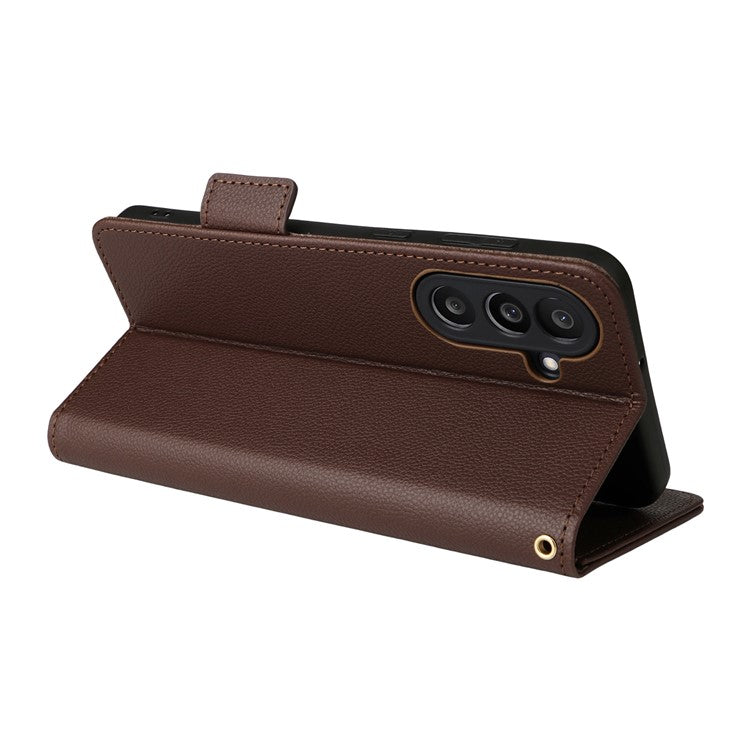 For Samsung Galaxy M56 5G Case with Wrist Strap Litchi Texture PU Leather Wallet Phone Cover - Brown