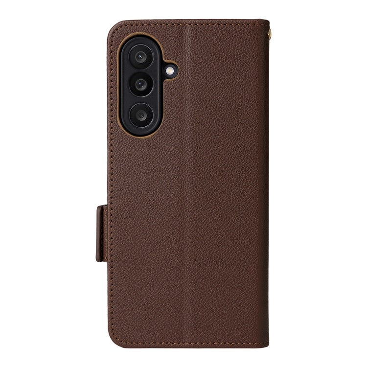 For Samsung Galaxy M56 5G Case with Wrist Strap Litchi Texture PU Leather Wallet Phone Cover - Brown