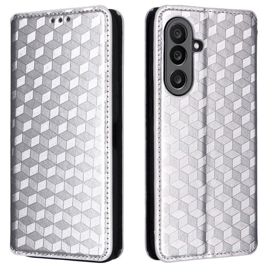For Samsung Galaxy M56 5G Case Wallet Rhombus Imprinted Leather Phone Cover - Silver