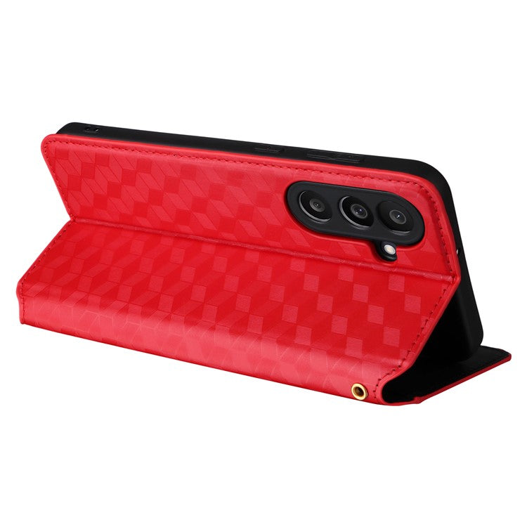 For Samsung Galaxy M56 5G Case Wallet Rhombus Imprinted Leather Phone Cover - Red