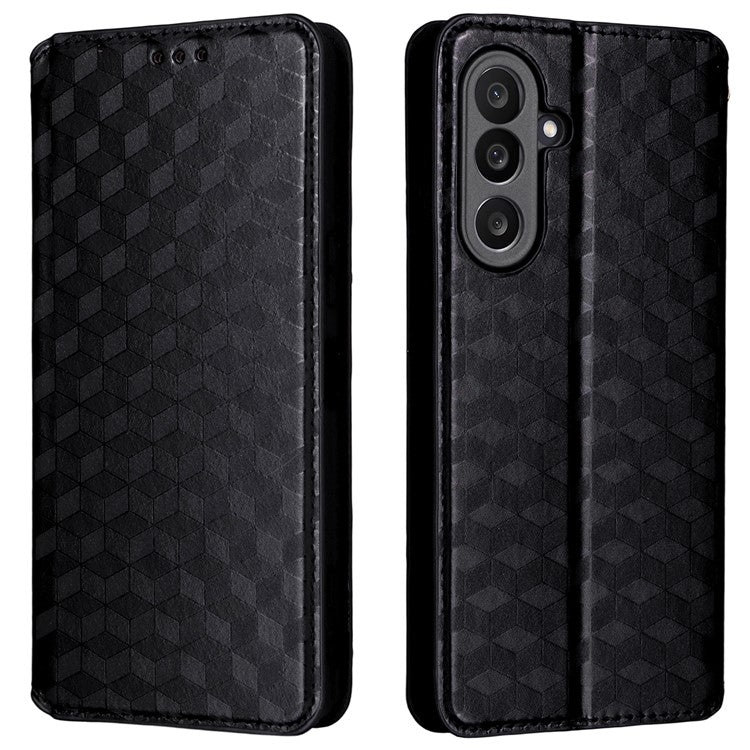 For Samsung Galaxy M56 5G Case Wallet Rhombus Imprinted Leather Phone Cover - Black