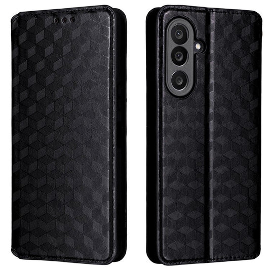 For Samsung Galaxy M56 5G Case Wallet Rhombus Imprinted Leather Phone Cover - Black