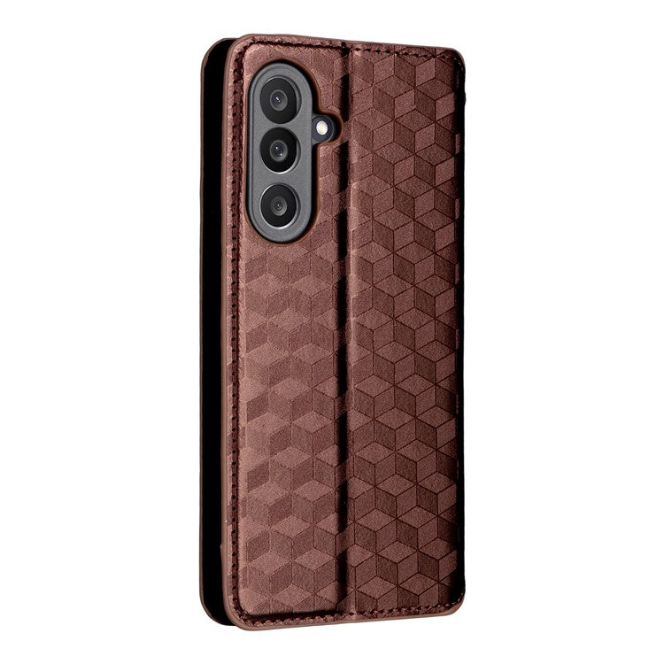 For Samsung Galaxy M56 5G Case Wallet Rhombus Imprinted Leather Phone Cover - Brown