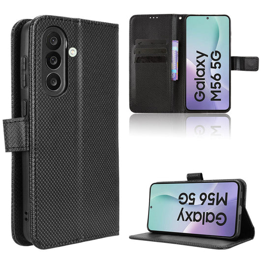 For Samsung Galaxy M56 5G Leather Wallet Case with Strap Diamond Texture Phone Cover - Black
