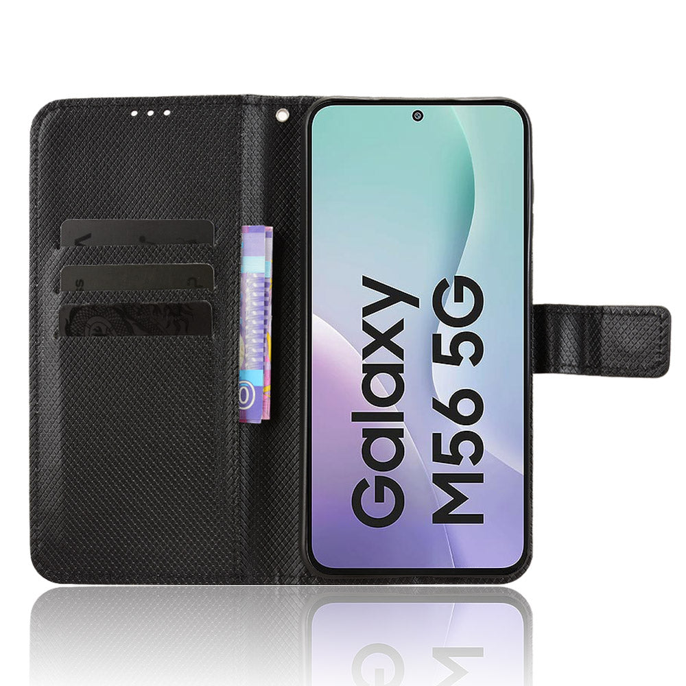 For Samsung Galaxy M56 5G Leather Wallet Case with Strap Diamond Texture Phone Cover - Black