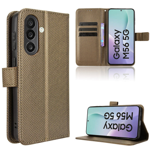 For Samsung Galaxy M56 5G Leather Wallet Case with Strap Diamond Texture Phone Cover - Brown