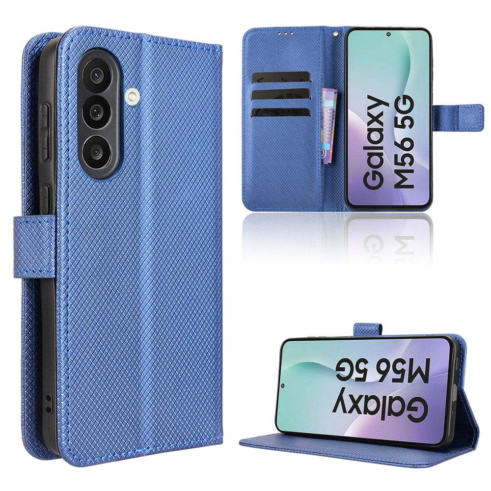 For Samsung Galaxy M56 5G Leather Wallet Case with Strap Diamond Texture Phone Cover - Blue