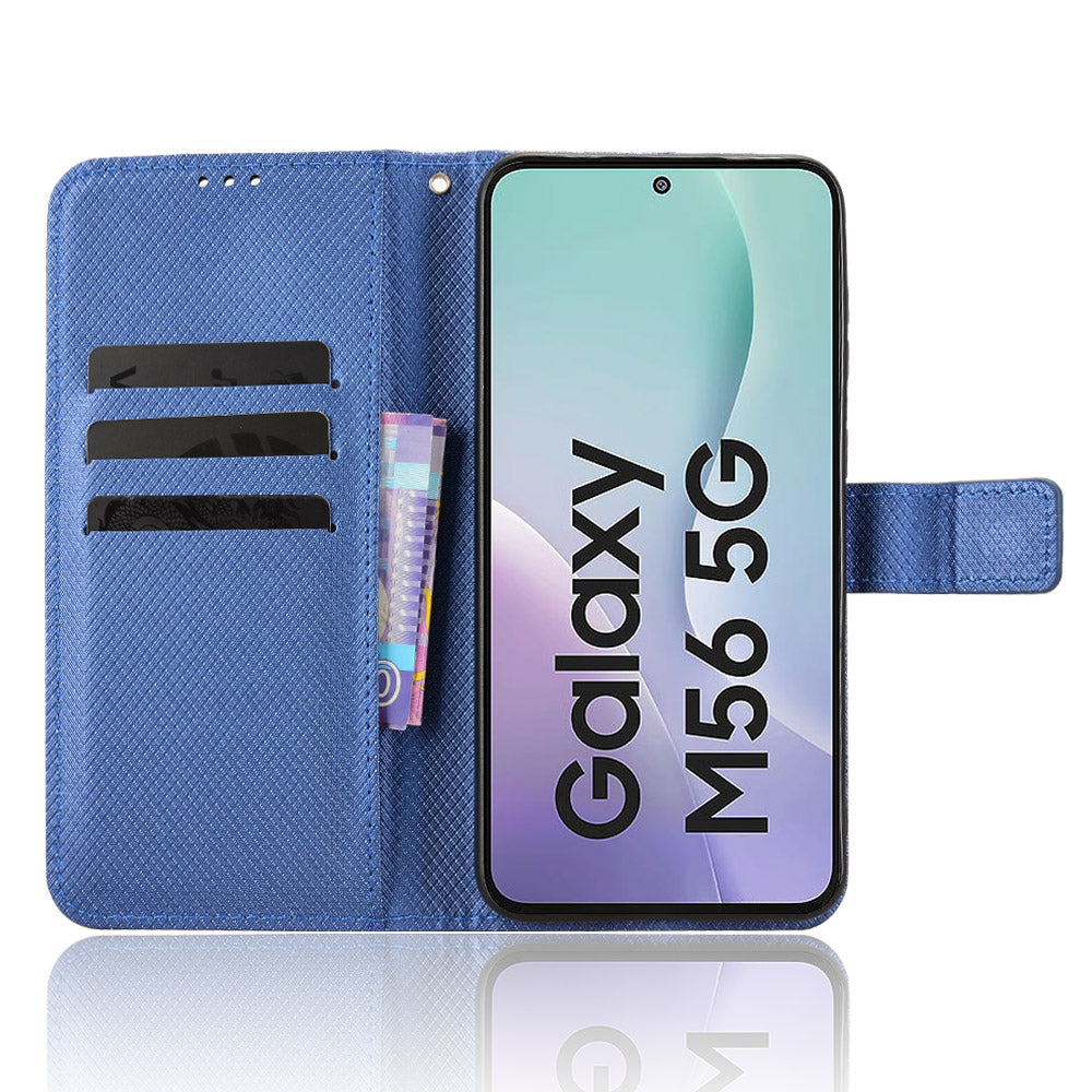 For Samsung Galaxy M56 5G Leather Wallet Case with Strap Diamond Texture Phone Cover - Blue