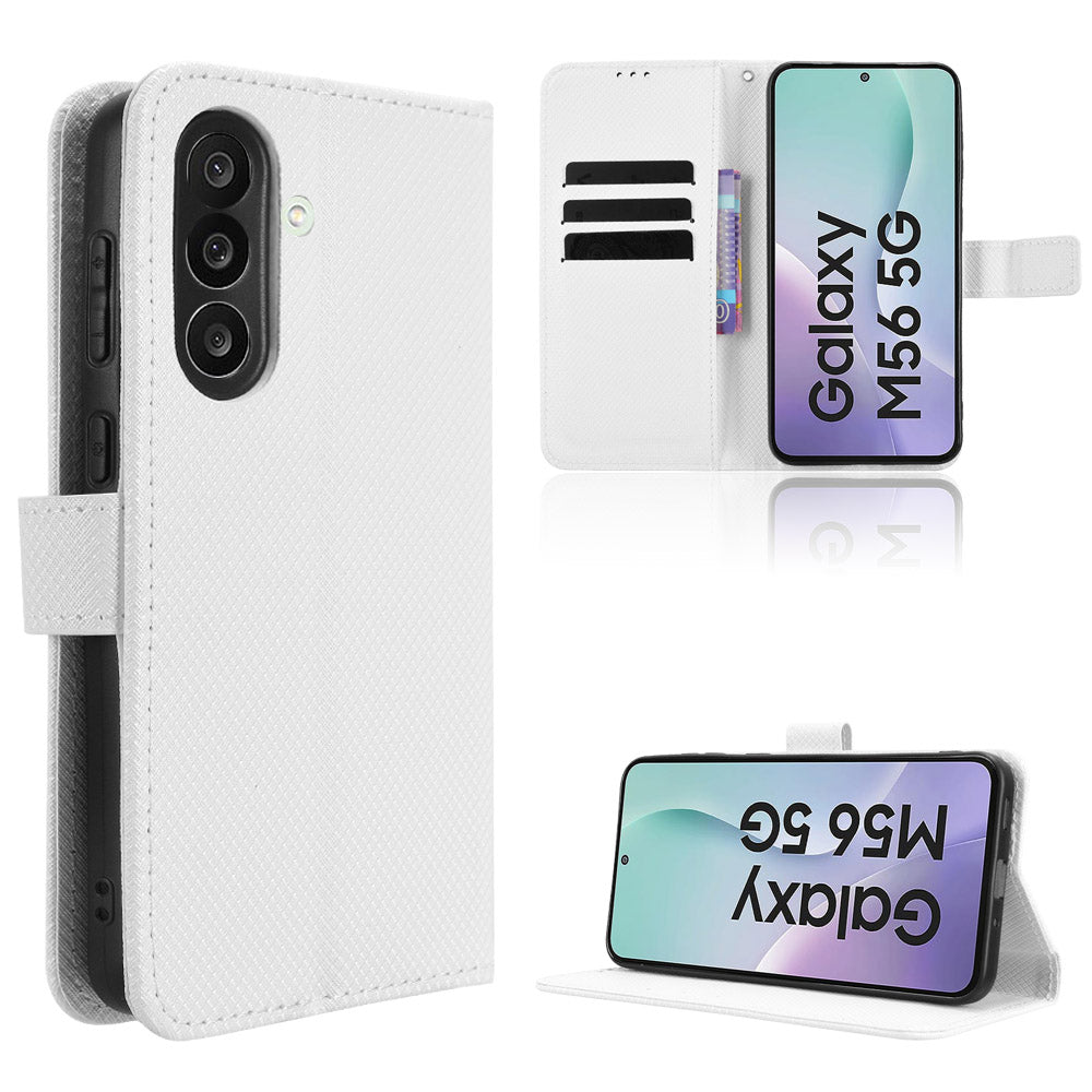 For Samsung Galaxy M56 5G Leather Wallet Case with Strap Diamond Texture Phone Cover - White
